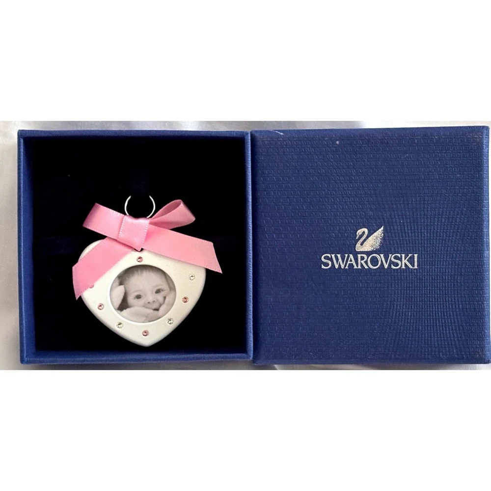 SWAROVSKI ~ Heart Shaped Baby Girl Mini Picture Frame Pink Crystals Bow in Box